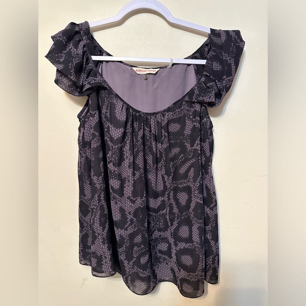 Rebecca Taylor Ruffle Sheer Black/Purple Snakeskin Print Short Sleeve Top Size 0